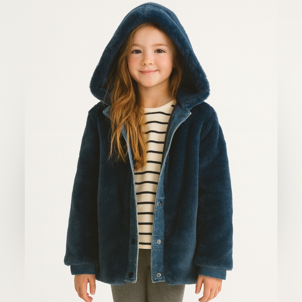 Stella McCartney Kids NWT Treasure Faux Fur Hooded Blue Denim Button Front Coat